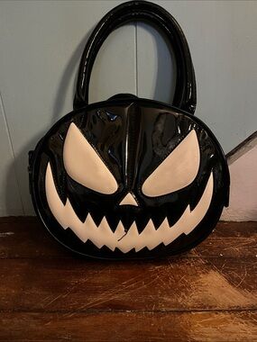 Killstar Black Patent Pumpkin Face Handbag with Cream Accents